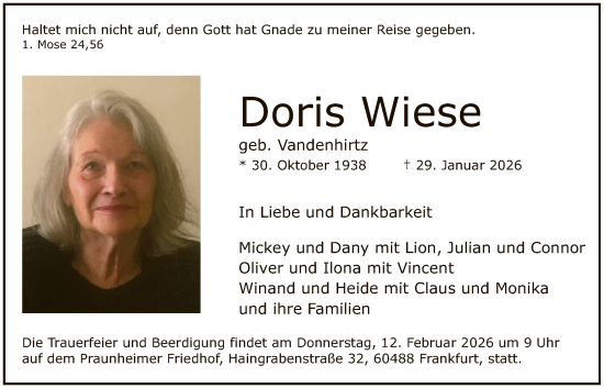 Traueranzeige von Doris Wiese von FNP