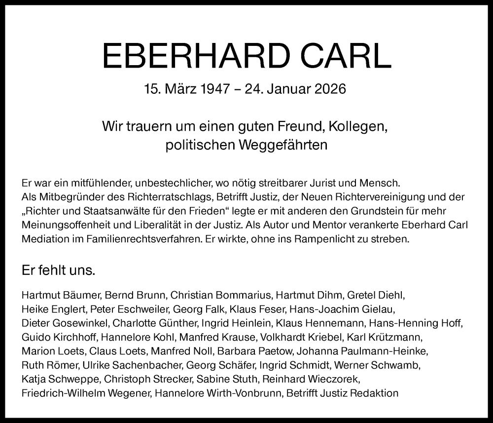  Traueranzeige für Eberhard Carl vom 11.02.2026 aus FNP