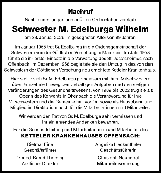 Traueranzeige von Edelburga Wilhelm von OFOP