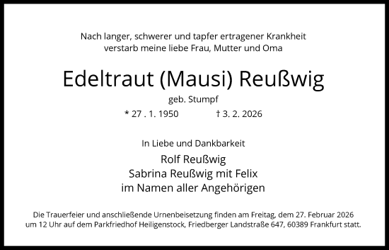 Traueranzeige von Edeltraut Reußwig von FNP