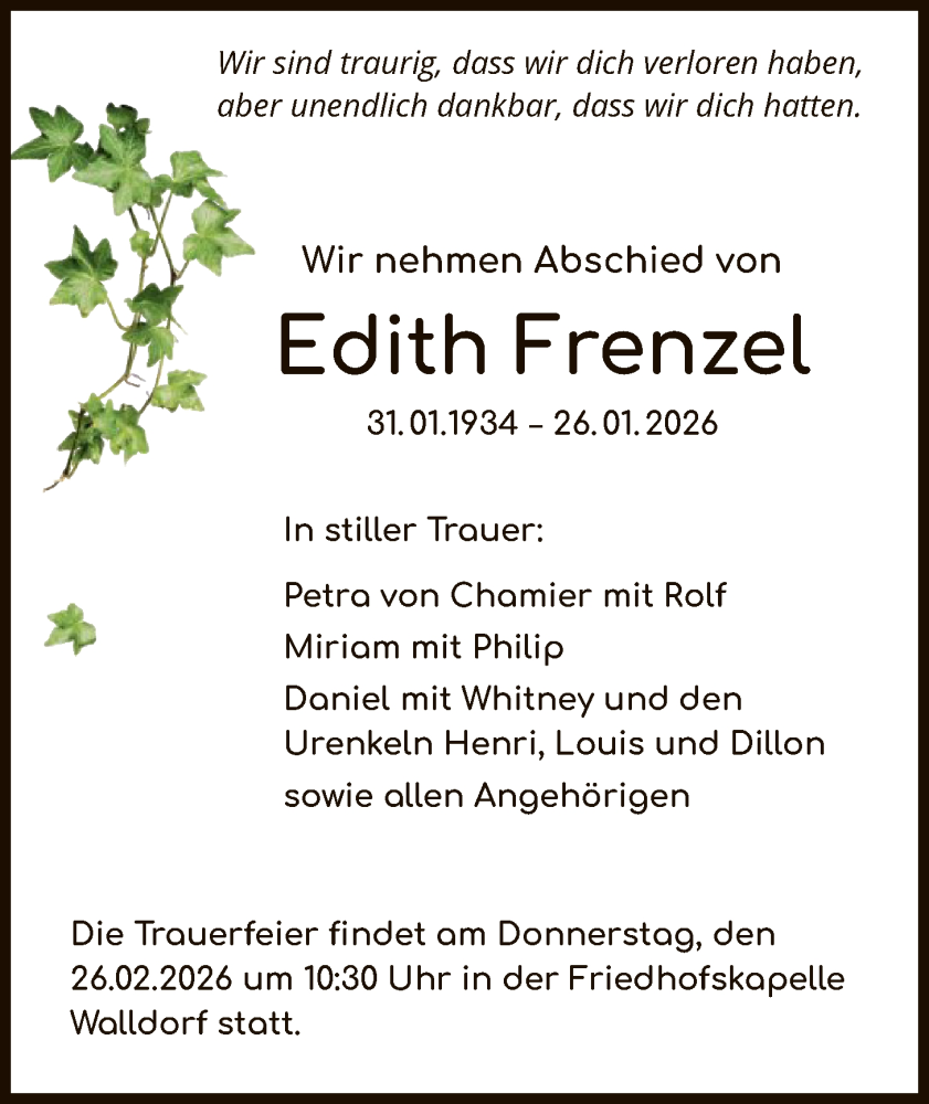  Traueranzeige für Edith Frenzel vom 13.02.2026 aus OFMF