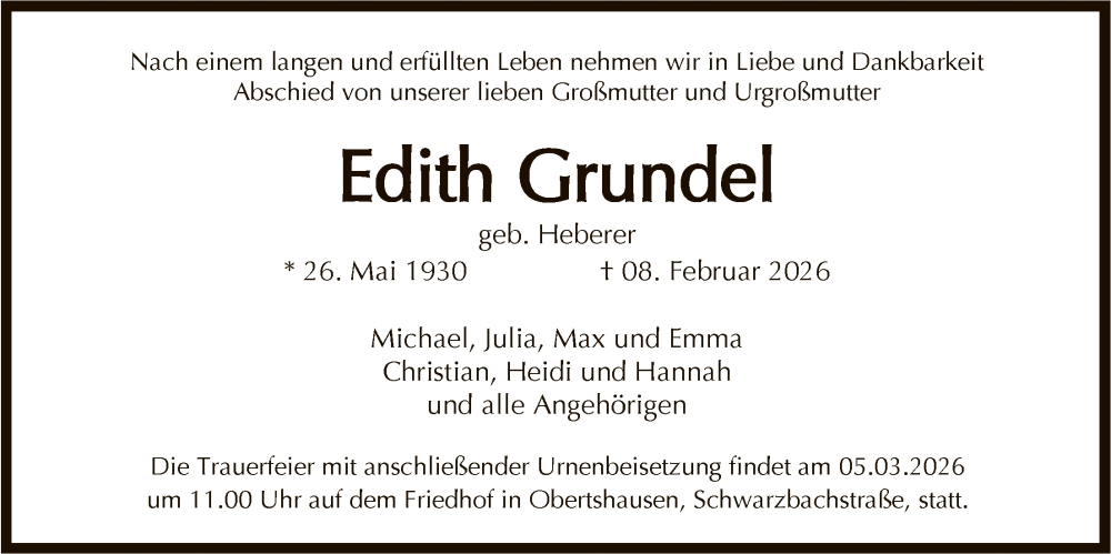  Traueranzeige für Edith Grundel vom 28.02.2026 aus OFOP