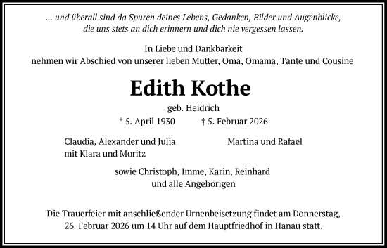 Traueranzeige von Edith Kothe von OFHA