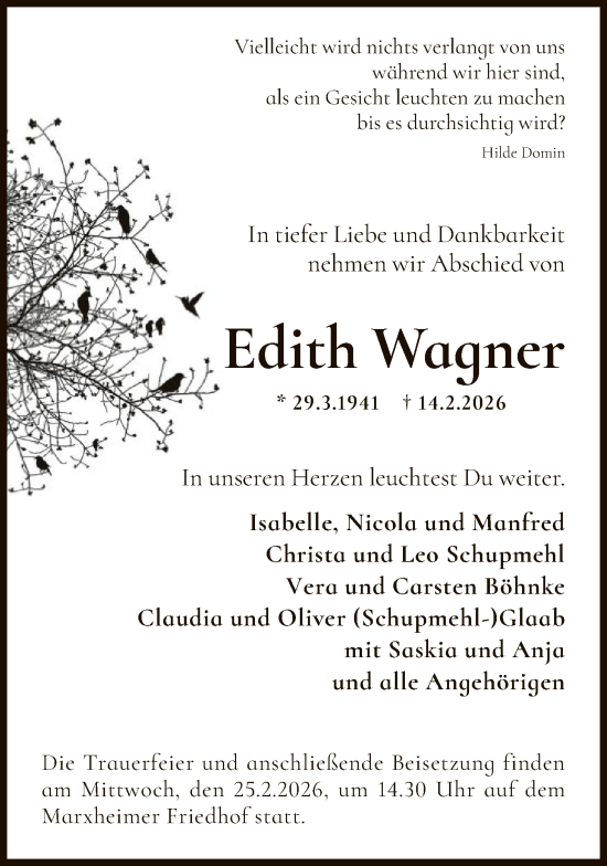 Traueranzeige von Edith Wagner von FNP