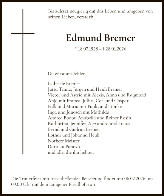 Traueranzeige von Edmund Bremer von OFOP