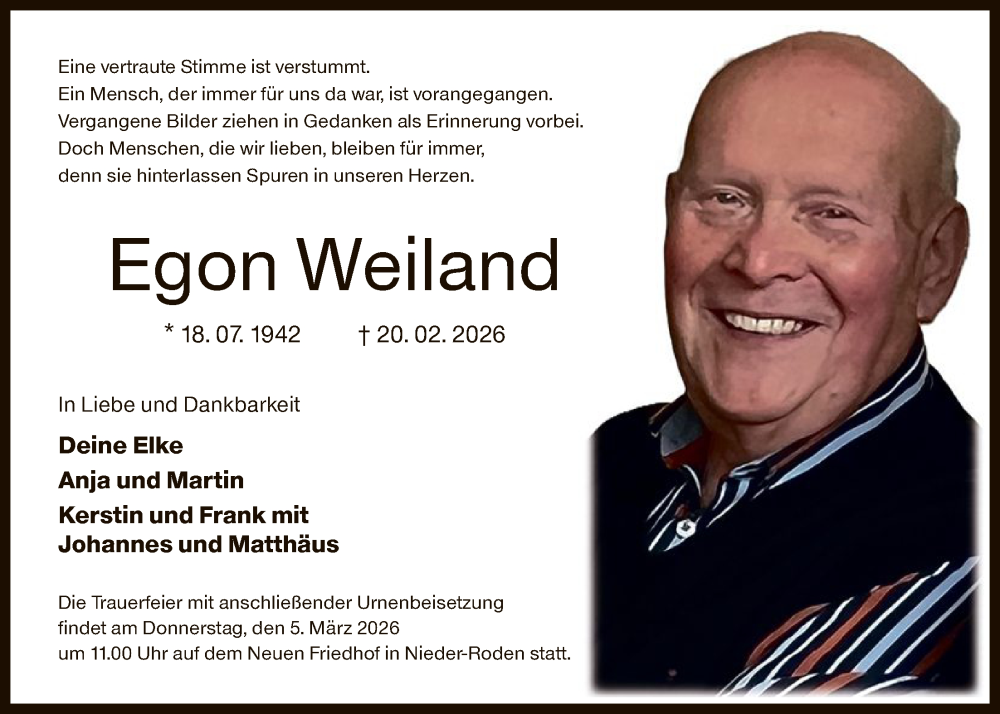  Traueranzeige für Egon Weiland vom 28.02.2026 aus OFOP
