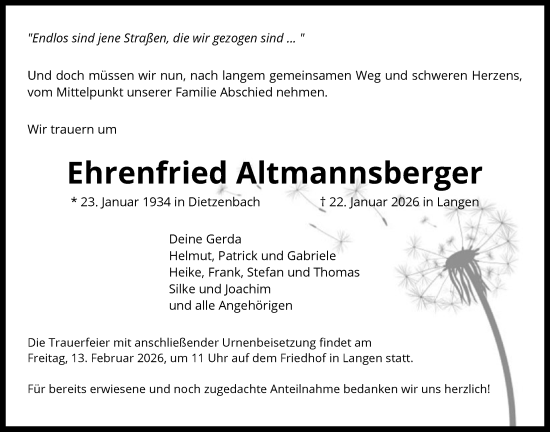 Traueranzeige von Ehrenfried Altmannsberger von OF0W