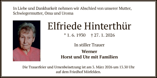 Traueranzeige von Elfriede Hinterthür von OFMF