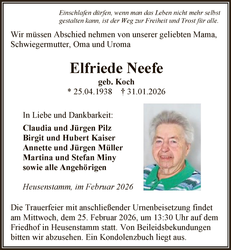  Traueranzeige für Elfriede Neefe vom 21.02.2026 aus OF0T