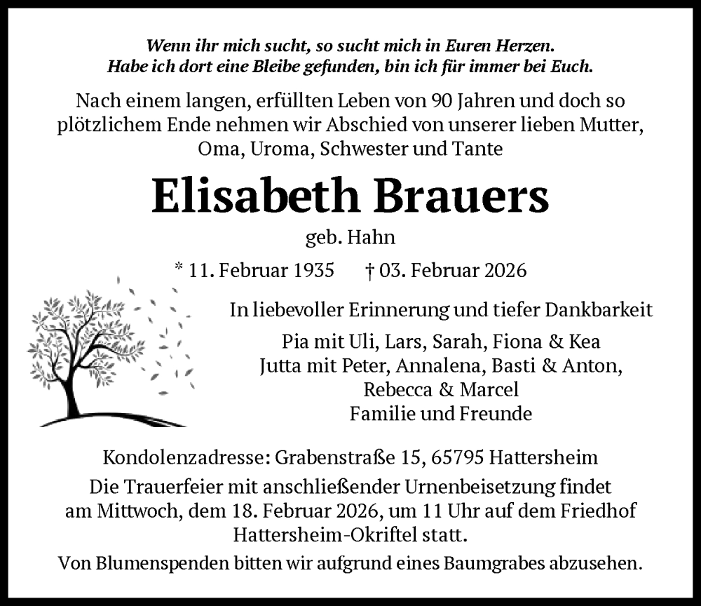  Traueranzeige für Elisabeth Brauers vom 11.02.2026 aus FNP