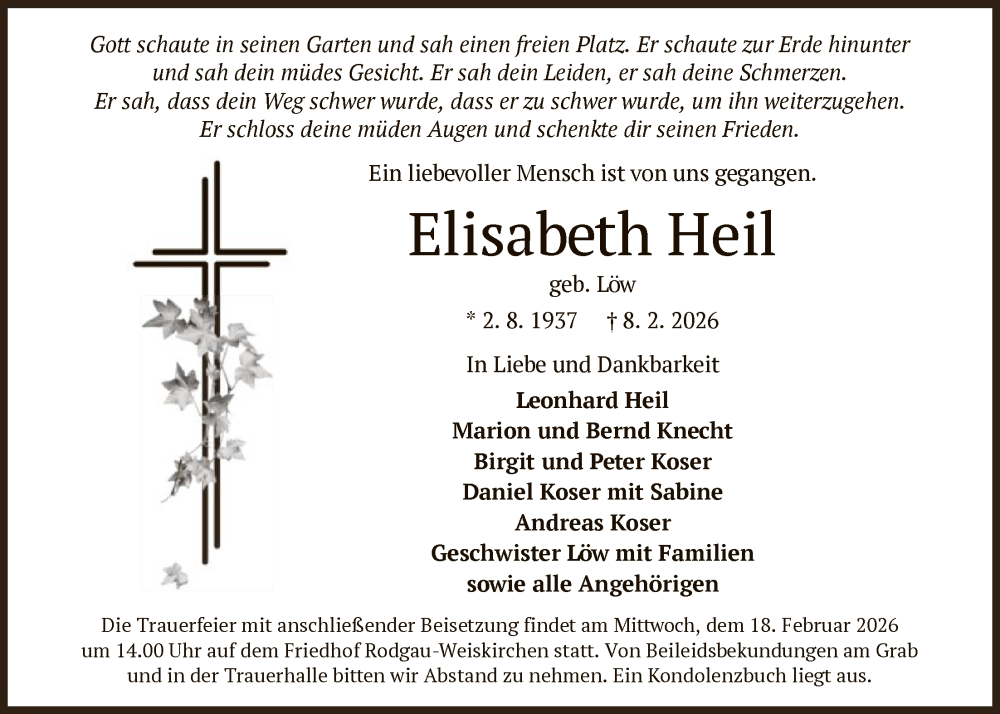  Traueranzeige für Elisabeth Heil vom 14.02.2026 aus OFOP