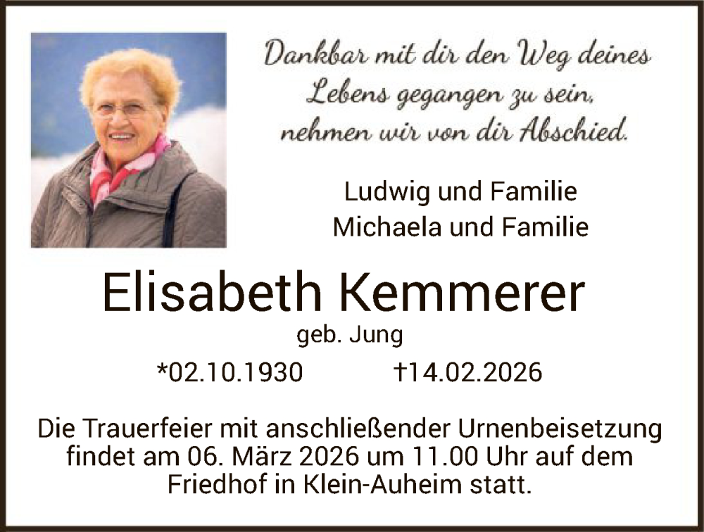  Traueranzeige für Elisabeth Kemmerer vom 28.02.2026 aus OFOP