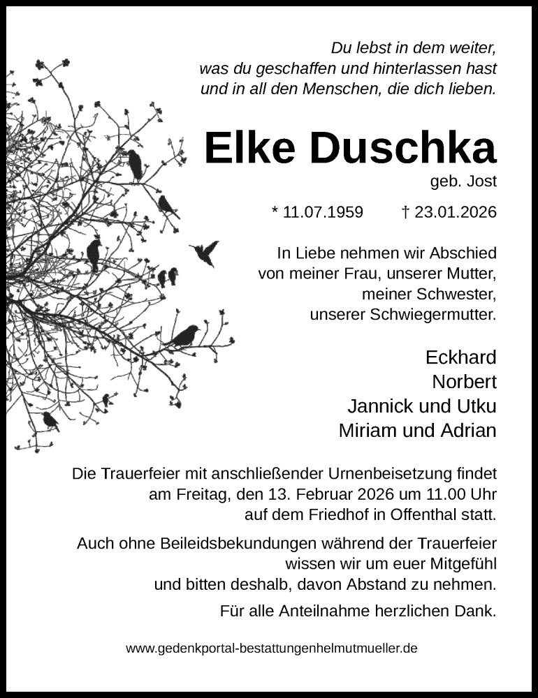  Traueranzeige für Elke Duschka vom 07.02.2026 aus OFOP