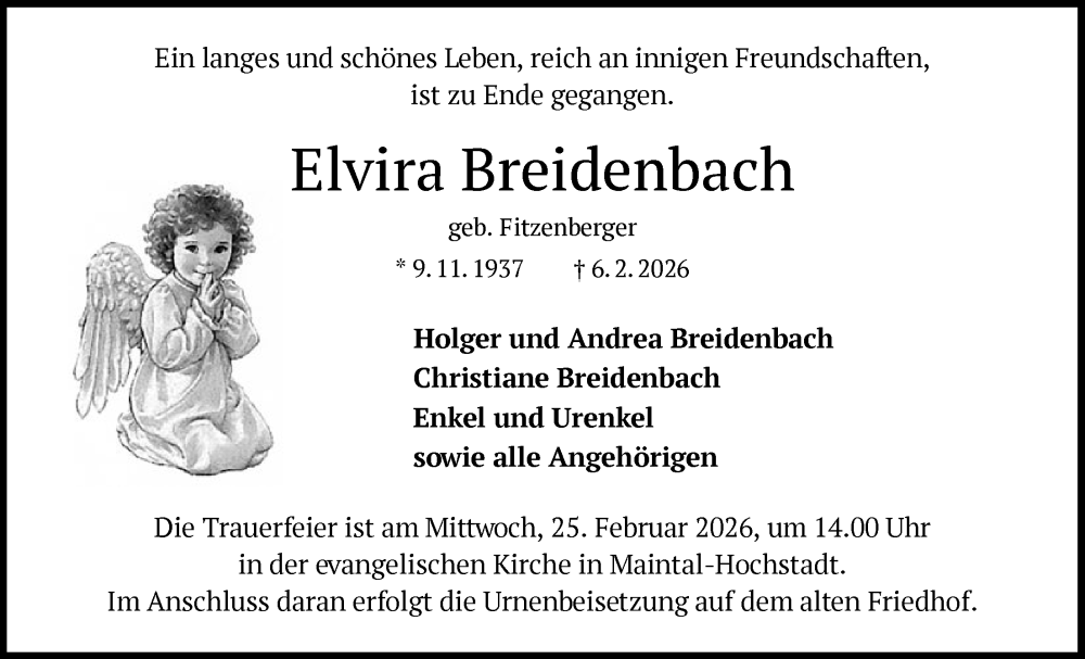  Traueranzeige für Elvira Breidenbach vom 14.02.2026 aus HUW