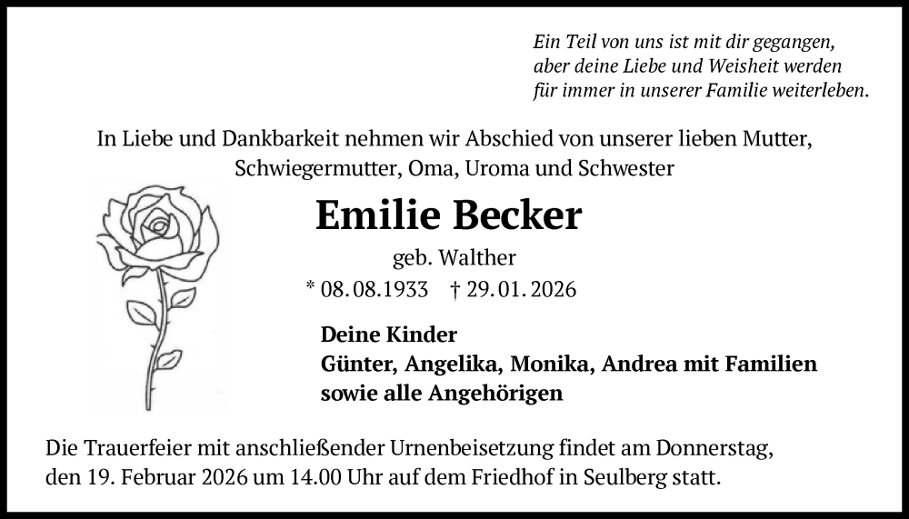  Traueranzeige für Emilie Becker vom 07.02.2026 aus FNP