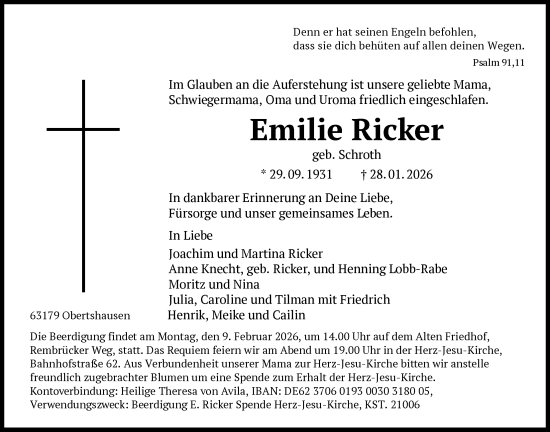 Traueranzeige von Emilie Ricker von OFOP