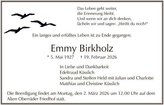 Traueranzeige von Emmy Birkholz von FNP