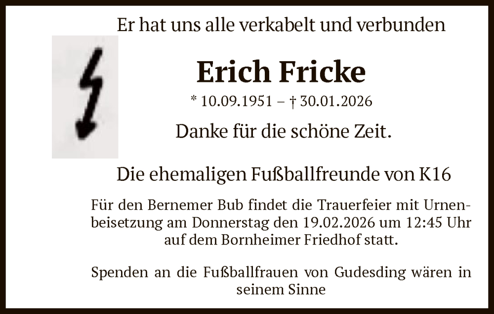  Traueranzeige für Erich Fricke vom 14.02.2026 aus FNP
