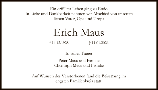 Traueranzeige von Erich Maus von FNP