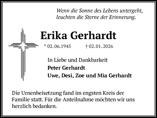 Traueranzeige von Erika Gerhardt von OF0W