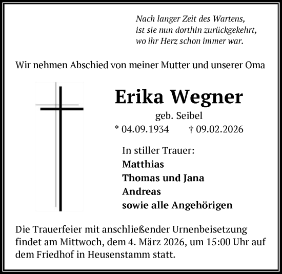 Traueranzeige von Erika Wegner von OF0T