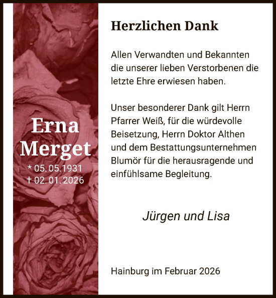 Traueranzeige von Erna Merget von OF0L