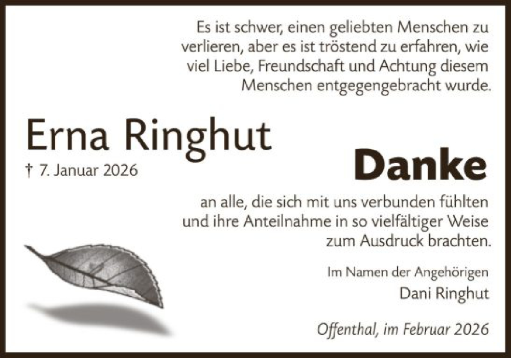  Traueranzeige für Erna Ringhut vom 21.02.2026 aus OFOP