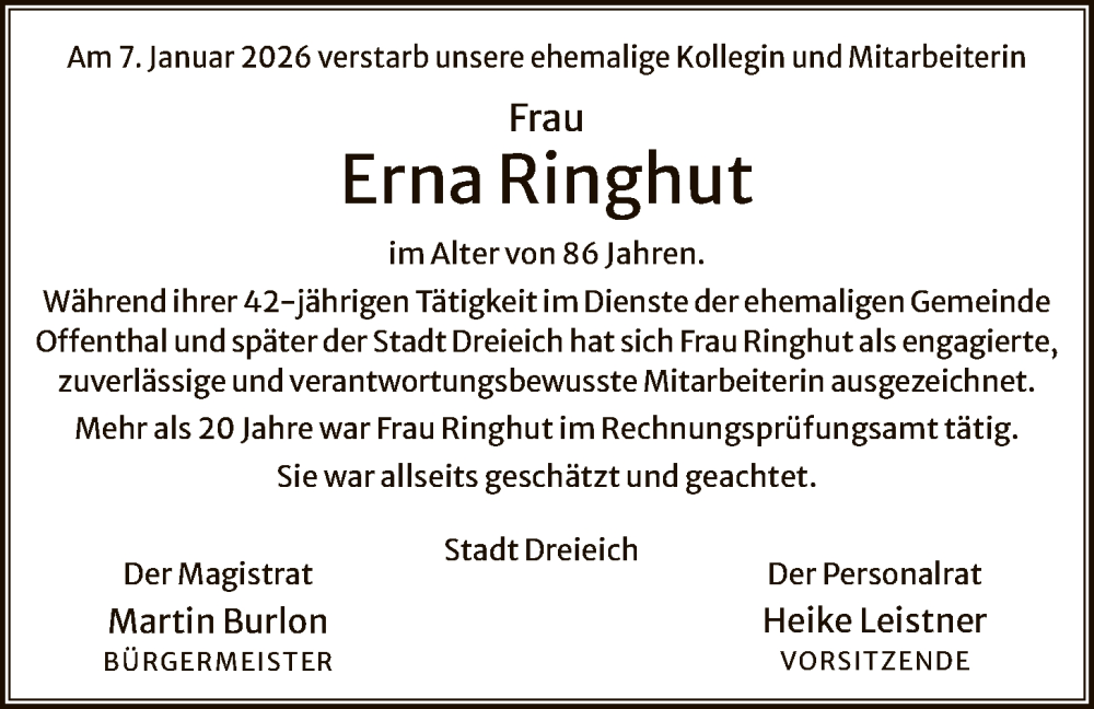  Traueranzeige für Erna Ringhut vom 14.02.2026 aus OF0W
