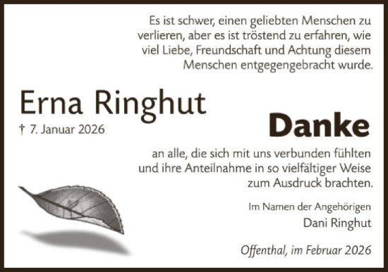 Traueranzeige von Erna Ringhut von OFOP