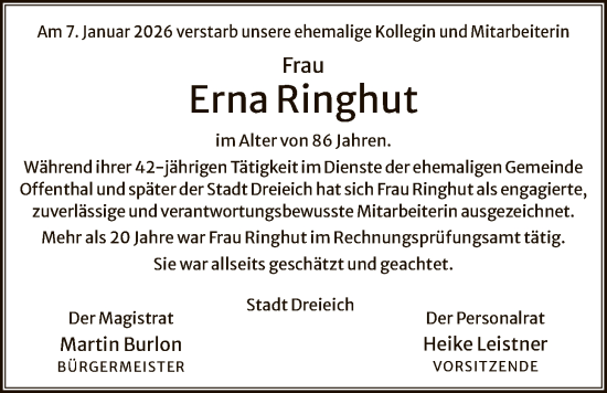 Traueranzeige von Erna Ringhut von OF0W