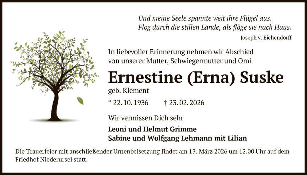  Traueranzeige für Ernestine Suske vom 28.02.2026 aus FNP