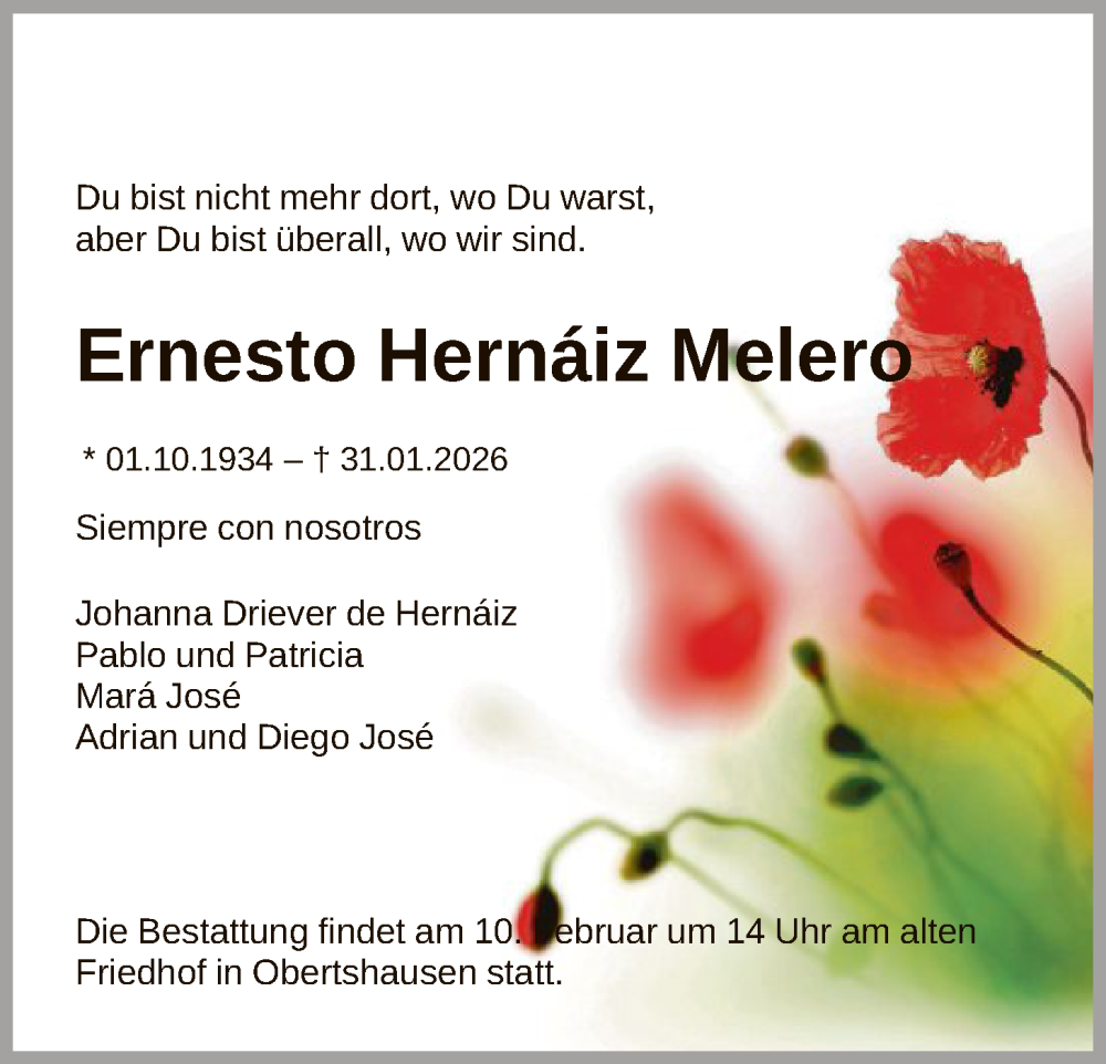 Traueranzeige für Ernesto Hernáiz Melero vom 07.02.2026 aus OFOP