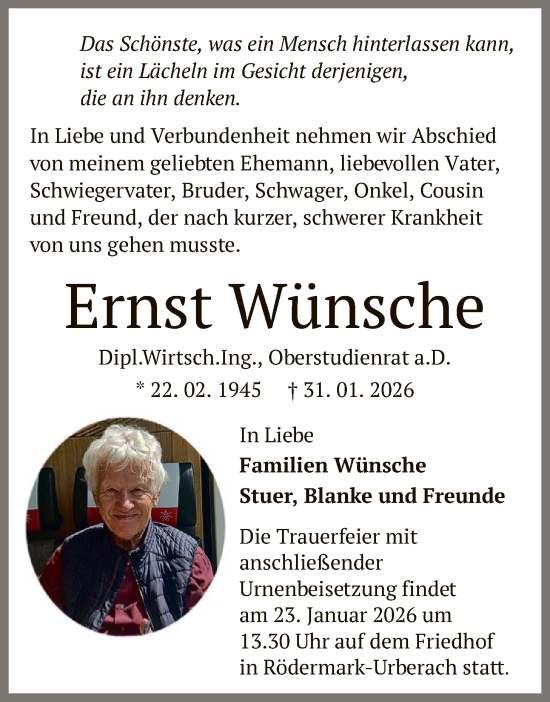 Traueranzeige von Ernst Wünsche von OFOP