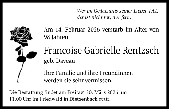 Traueranzeige von Francoise Gabrielle Rentzsch von OF0L