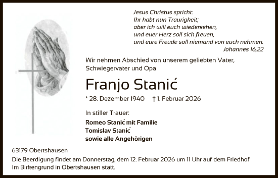 Traueranzeige von Franjo Stanic von OF0T