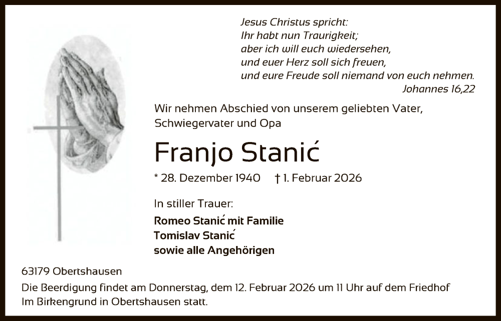  Traueranzeige für Franjo Stanic vom 07.02.2026 aus OF0T