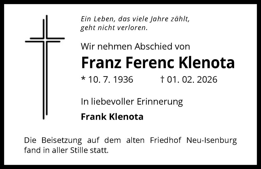  Traueranzeige für Franz Ferenc Klenota vom 14.02.2026 aus OF0W