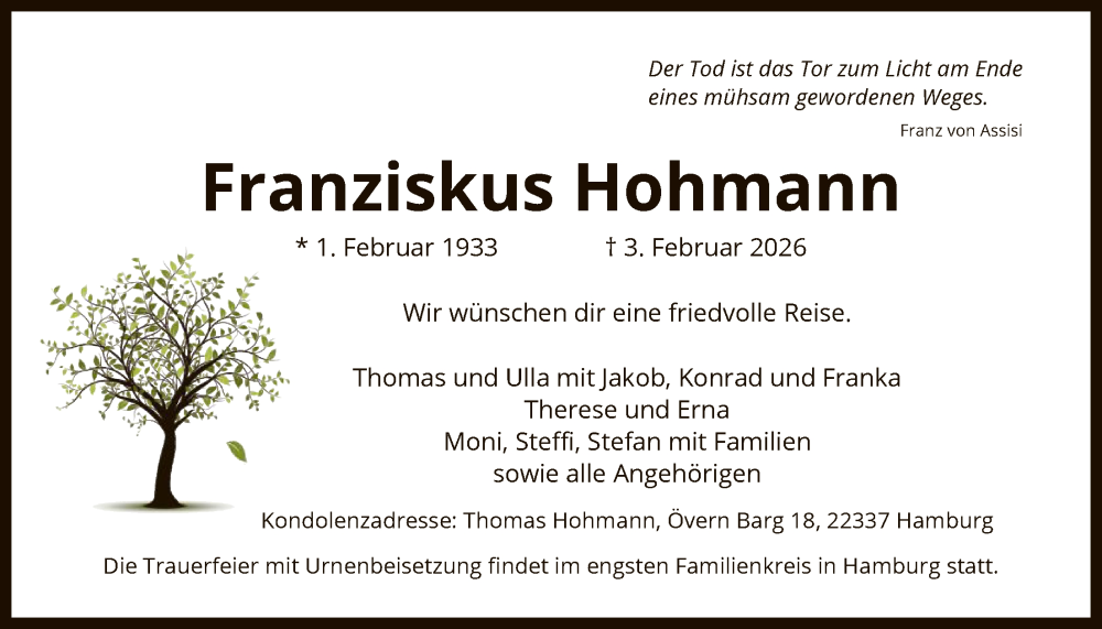  Traueranzeige für Franziskus Hohmann vom 14.02.2026 aus FNP
