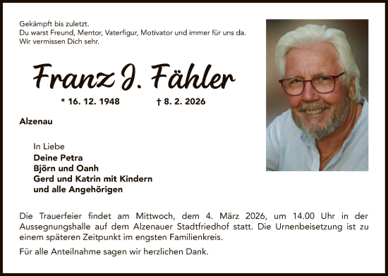 Traueranzeige von Franz J. Fähler von OFOP