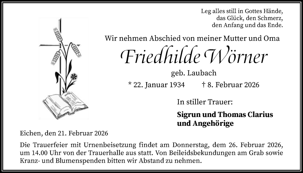  Traueranzeige für Friedhilde Wörner vom 21.02.2026 aus OFHA