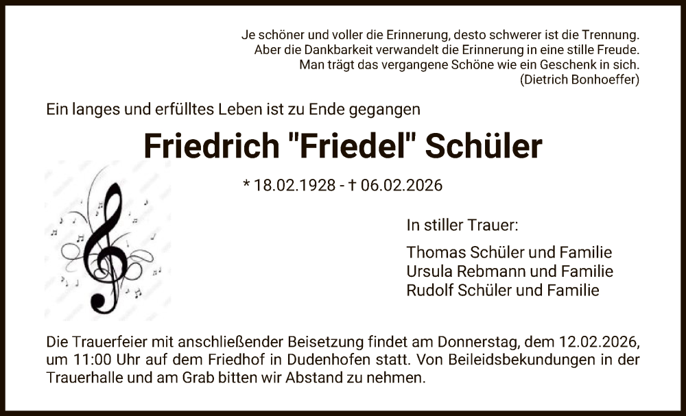  Traueranzeige für Friedrich Schüler vom 11.02.2026 aus OFOP