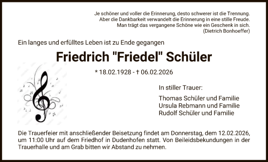 Traueranzeige von Friedrich Schüler von OFOP
