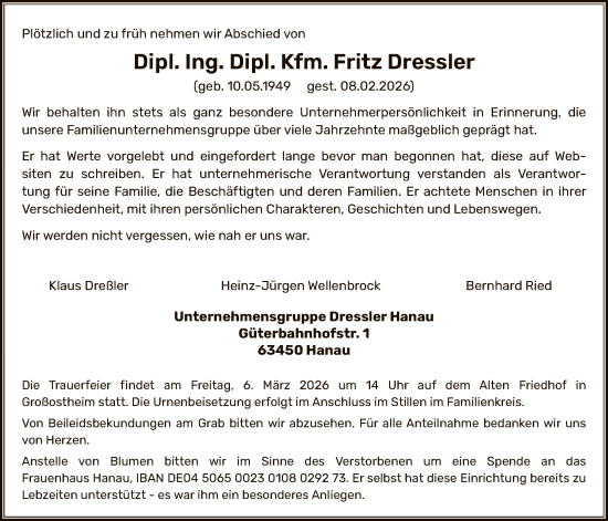 Traueranzeige von Fritz Dressler von OFHA