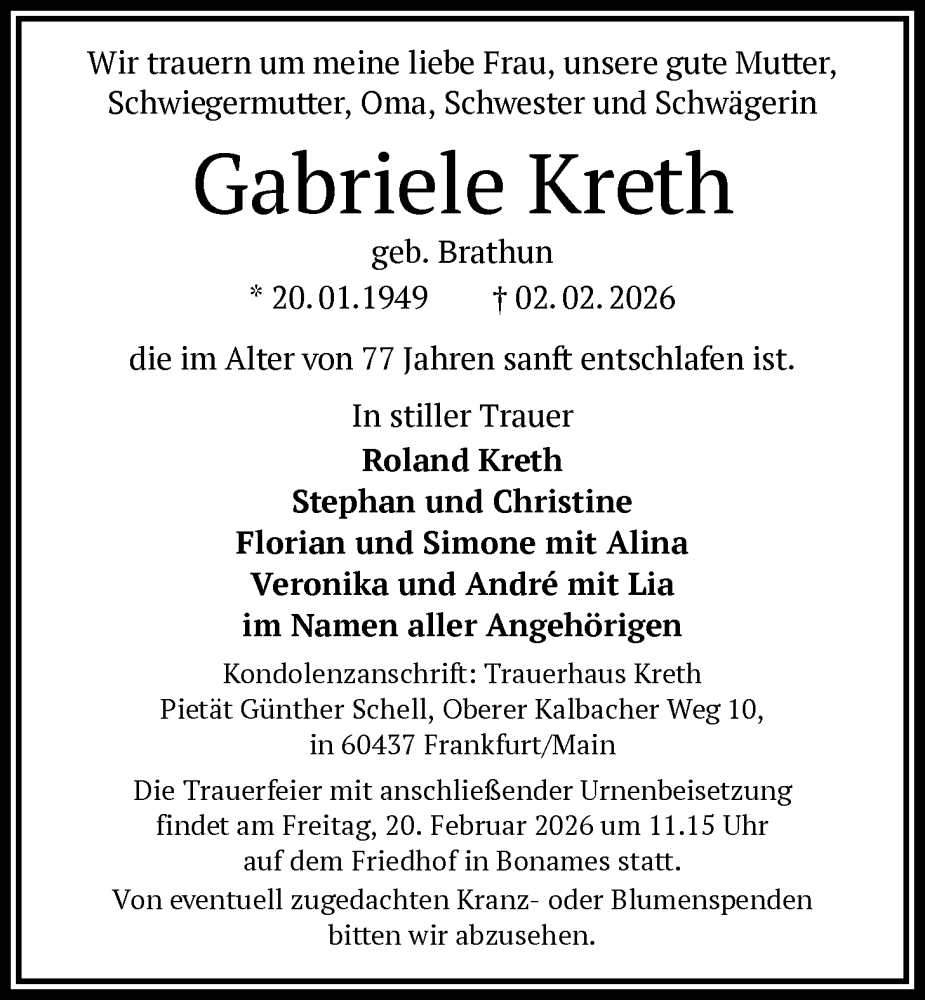 Traueranzeige für Gabriele Kreth vom 07.02.2026 aus FNP