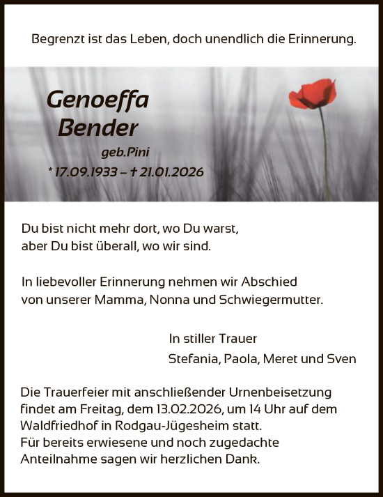 Traueranzeige von Genoeffa Bender von OF0L