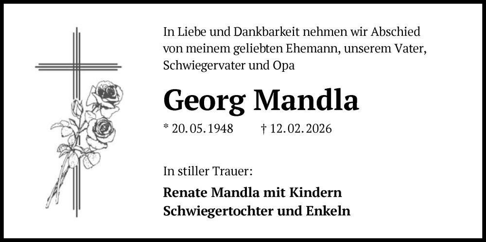  Traueranzeige für Georg Mandla vom 21.02.2026 aus OFHA