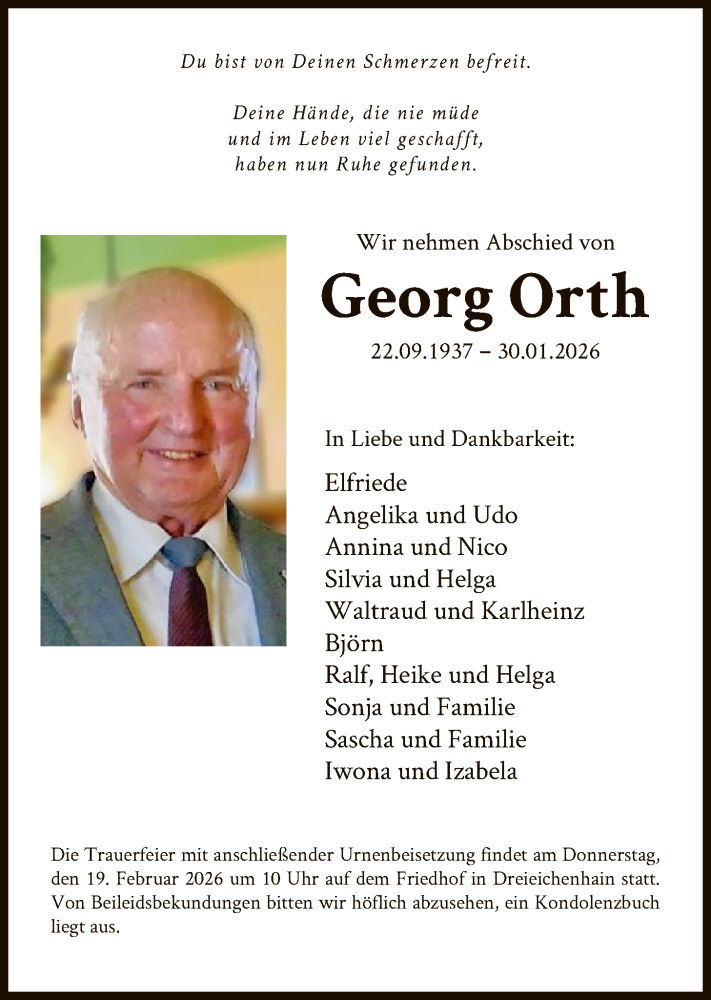  Traueranzeige für Georg Orth vom 14.02.2026 aus OF0W