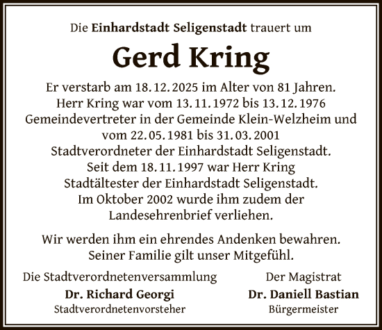 Traueranzeige von Gerd Kring von OF0L