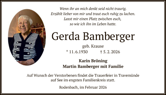 Traueranzeige von Gerda Bamberger von OFHA