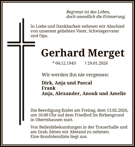 Traueranzeige von Gerhard Merget von OFOP